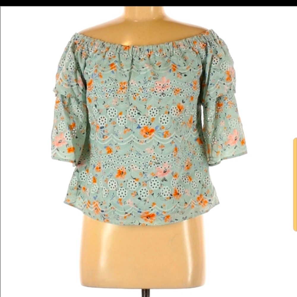 Anthropologie Laia Ashtabula Off the Shoulder Blouse Floral Eyelet Blue size Sp